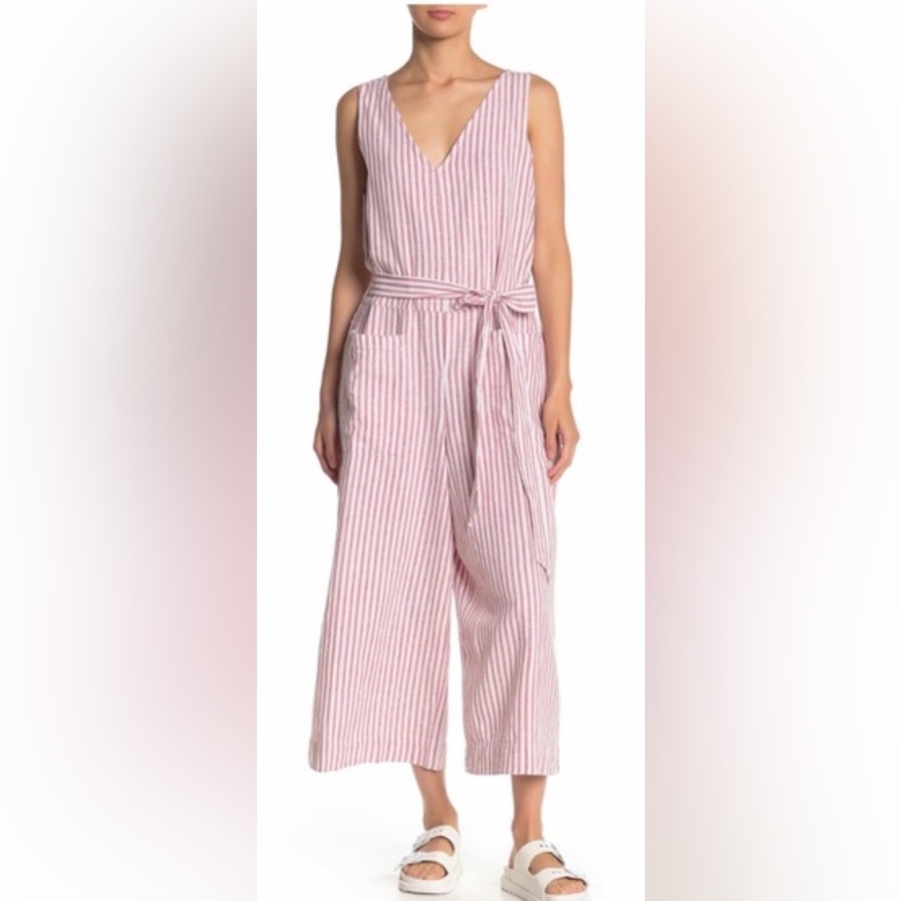NWT BeachLunchLounge V-Neck Striped Linen blend Jumper Belted, Cropped,Pockets